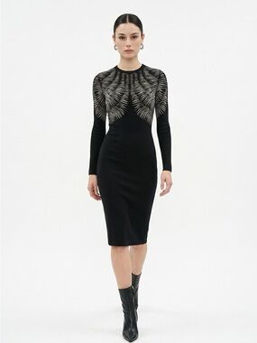 Isabel de Pedro Black Long-Sleeve Knit Dress with Silver Patterned Yoke